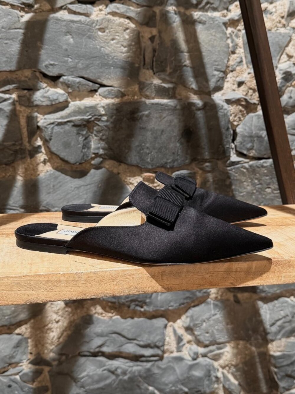 Jimmy Choo Black Satin Bow Accent Galaxy Mules Flats